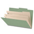 Side angle view of an open green legal size top tab classification folder showing three manila dividers and expanding filing sections.