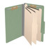 Open green legal size top tab classification folder with three manila dividers, 2-inch bonded fasteners on the front and back panels, and 1-inch fasteners on each divider.