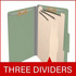 Open green legal size top tab classification folder with three manila dividers, 2-inch bonded fasteners on the covers, and 1-inch fasteners on each divider.