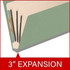 Angled side view of a green legal size top tab classification folder showing three manila dividers and a 3-inch gray Tyvek expansion.