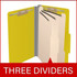 Open yellow legal size top tab classification folder with three manila dividers, 2-inch bonded fasteners on the covers, and 1-inch fasteners on each divider.