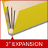 Angled side view of a yellow legal size top tab classification folder showing three manila dividers and a 3-inch gray Tyvek expansion.