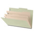 Side angle view of an open gray/green legal size top tab classification folder showing three manila dividers and expanding filing sections.