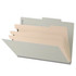 Side angle view of an open grey legal size top tab classification folder showing three manila dividers and expanding filing sections.