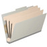 Angled view of a grey legal size top tab classification folder with three manila dividers and 3-inch gray Tyvek expansion.