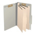 Open grey legal size top tab classification folder with three manila dividers, 2-inch bonded fasteners on the front and back panels, and 1-inch fasteners on each divider.
