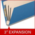 Angled side view of a royal blue legal size top tab classification folder showing three manila dividers and a 3-inch gray Tyvek expansion.