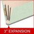Angled side view of a pale green legal size top tab classification folder showing three manila dividers and a 3-inch gray Tyvek expansion.