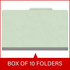 Front view of a pale green legal size top tab classification folder with 3-inch gray Tyvek expansion, packaged 10 folders per box.