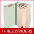 Open pale green legal size top tab classification folder with three manila dividers, 2-inch bonded fasteners on the covers, and 1-inch fasteners on each divider.