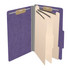 Open purple legal size top tab classification folder with three manila dividers, 2-inch bonded fasteners on the front and back panels, and 1-inch fasteners on each divider.