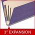 Angled side view of a purple legal size top tab classification folder showing three manila dividers and a 3-inch gray Tyvek expansion.