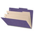 Side angle view of an open purple legal size top tab classification folder showing three manila dividers and expanding filing sections.