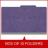 Front view of a purple legal size top tab classification folder with 3-inch gray Tyvek expansion, packaged 10 folders per box.