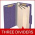 Open purple legal size top tab classification folder with three manila dividers, 2-inch bonded fasteners on the covers, and 1-inch fasteners on each divider.
