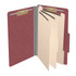 Open dark red legal size top tab classification folder with three manila dividers, 2-inch bonded fasteners on the front and back panels, and 1-inch fasteners on each divider.