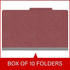 Front view of a dark red legal size top tab classification folder with 3-inch gray Tyvek expansion, packaged 10 folders per box.