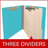 Angled view of light blue end tab classification folder with three manila dividers