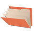 Open orange end tab classification folder with three dividers and fasteners