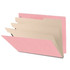Angled view of pink end tab classification folder with three manila dividers