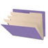 Angled view of purple end tab classification folder with three manila dividers