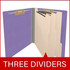 Purple end tab classification folder with three manila dividers and fasteners