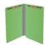 Open green legal-size end tab pressboard fastener folder with two bonded fasteners