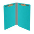 Open light blue legal-size end tab pressboard fastener folder with two bonded fasteners