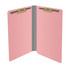 Open pink legal-size end tab pressboard fastener folder with two bonded fasteners
