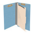 Open blue legal-size 1-divider end tab classification folder with fasteners and manila divider