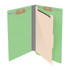 Open green legal-size 1-divider end tab classification folder with fasteners and manila divider