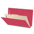 Red legal-size 1-divider end tab classification folder shown open with manila divider and fasteners for organized shelf filing