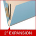 Close-up of blue classification folder showing 2 inch gray Tyvek expansion