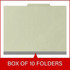 Gray/green letter-size top tab classification folder shown closed; graphic reads “Box of 10 Folders.”
