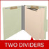 Gray/green 2-divider top tab classification folder shown open with manila dividers and metal fasteners; graphic reads “Two Dividers.”
