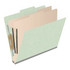 Pale green top tab classification folder shown open from an angled view with two manila dividers and metal fasteners.