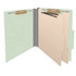 Pale green 2-divider top tab classification folder shown open with manila dividers, metal fasteners, and expandable spine.