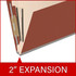 Close-up of red top tab classification folder showing the 2-inch russet brown Tyvek expansion; graphic reads “2" Expansion.”