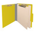 Yellow 2-divider top tab classification folder shown open with manila dividers, metal fasteners, and expandable spine.