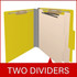 Yellow 2-divider top tab classification folder shown open with manila dividers and metal fasteners; graphic reads “Two Dividers.”