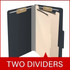 Open black legal-size classification folder with two dividers and metal fasteners