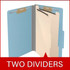 Open blue legal-size classification folder showing two internal dividers and document fasteners