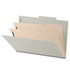 Open grey legal-size classification folder showing two tabbed manila dividers