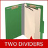Open moss green legal-size classification folder showing two internal dividers and document fasteners