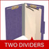 Open purple legal-size classification folder showing two internal dividers and document fasteners