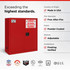 FireKing safety cabinet infographic highlighting Made in USA construction, powder-coated finish, adjustable shelves, FireKing verification and the Free After-Fire Replacement Guarantee.