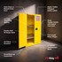 Annotated FireKing safety cabinet showing manual- or automatic-close doors, adjustable shelves, double-wall 18-gauge steel, flame arrestors, grounding lug, trilingual labels, keyed paddle handle, piano hinges and a 2-inch containment basin.