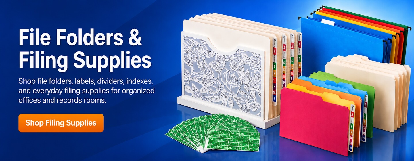 File folders, labels, dividers, and filing supplies for office organization