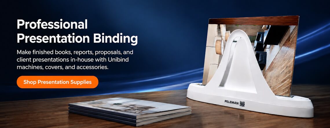 Unibind binding machine with presentation covers and professionally bound books