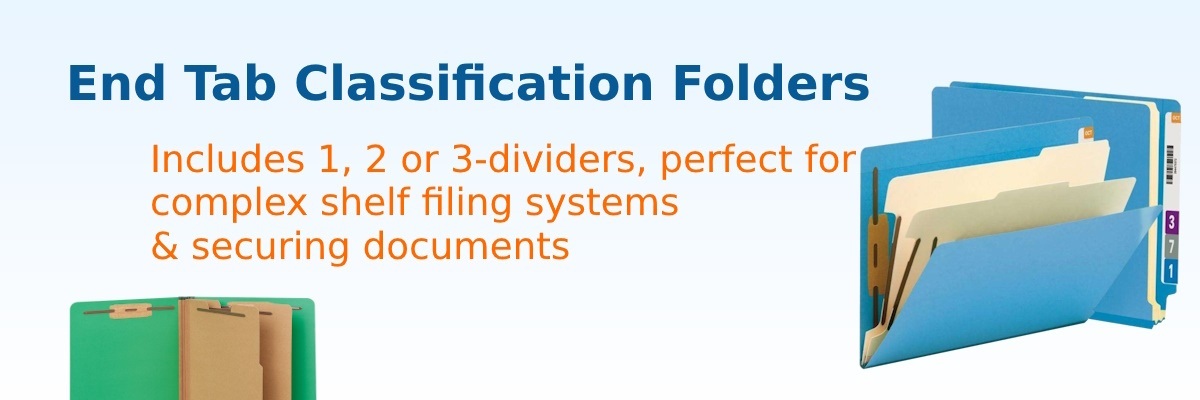 End Tab Classification Folders with 1, 2, or 3 dividers for shelf filing systems, perfect for organizing and securing documents in legal, medical, and office settings.